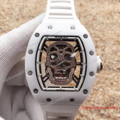 Clone Richard Mille Skull Prijs RM 052 Rose Gold White Ceramic Bezel Diamond skull Face Watch